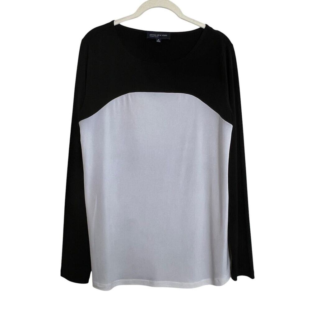 Jones New York Signature Slinky Knit Top Sz Medium Black Light Gray Long Sleeve